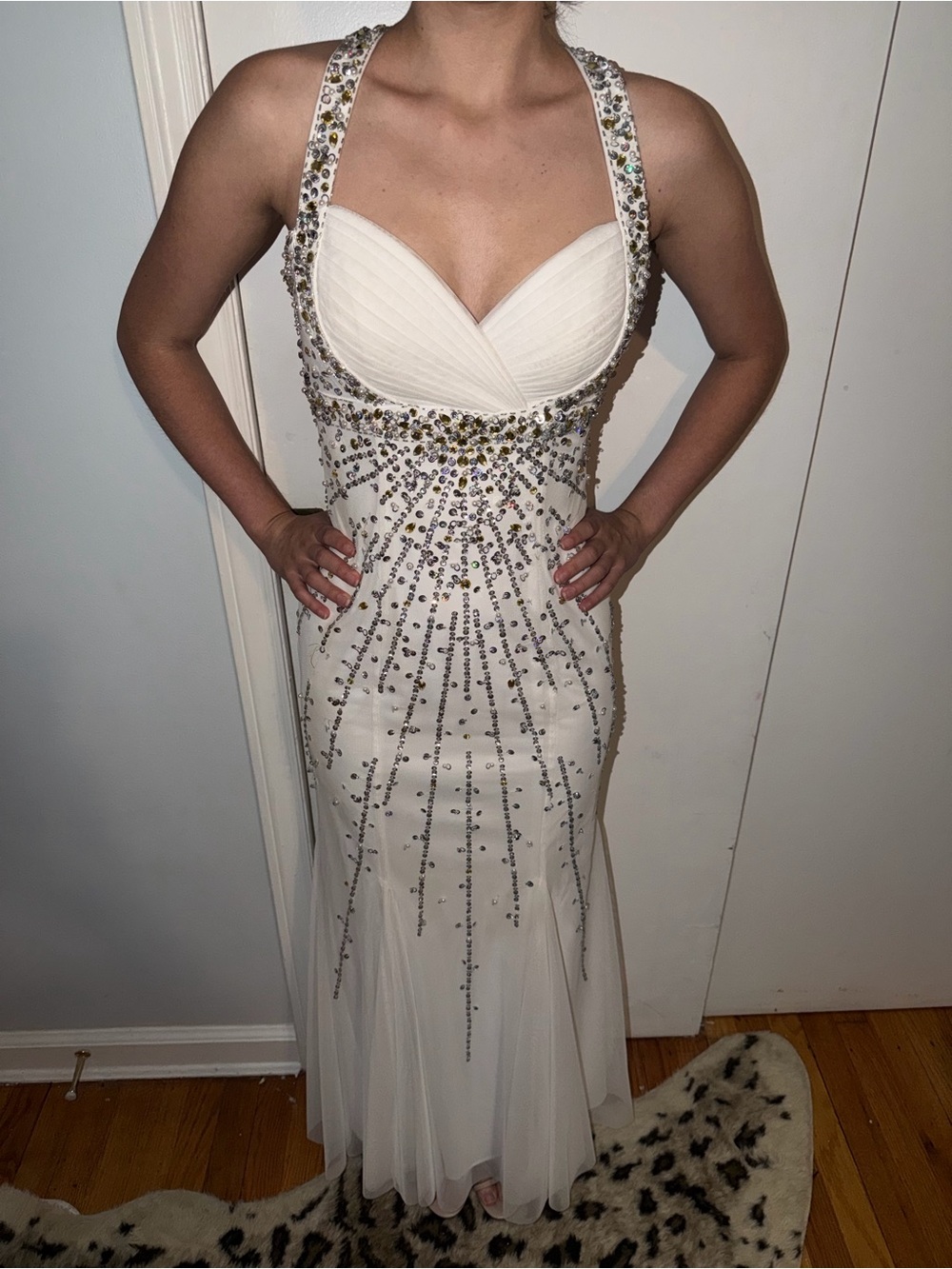 Sean Collection Ivory Beaded Halter Prom Gown